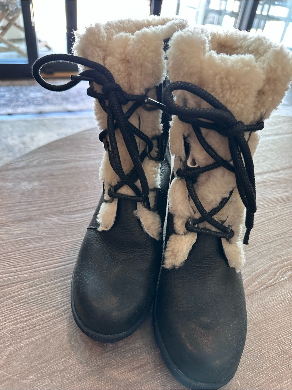 Sorel Black Winter Lace-Up Boots with Cream Shearling